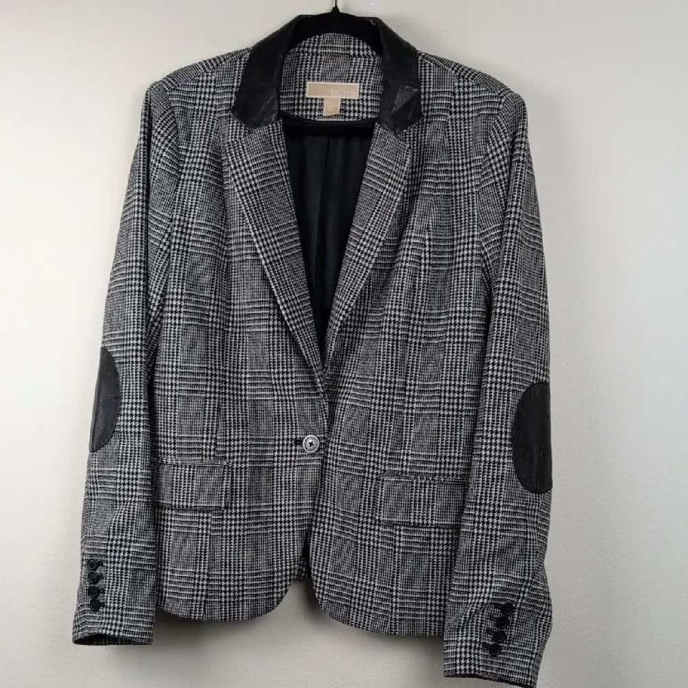 Michael Kors Black & White Houndstooth Plaid Blazer with Leather Accents Size 12